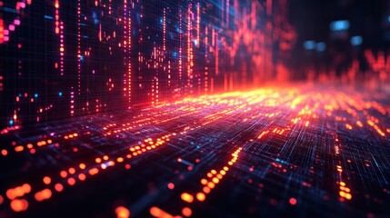 Fototapeta premium Abstract digital data stream flowing on a futuristic circuit board with glowing lines and particles.