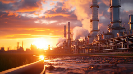 stunning industrial plant at sunset, with smoke rising from tall chimneys and reflective pathway leading towards horizon. vibrant colors of sky create dramatic backdrop