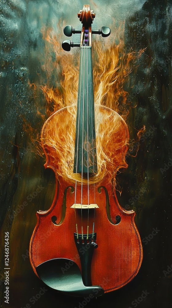 Poster fiery performance of a violin artistic display digital art abstract background close-up view passion