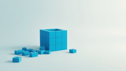 Abstract image of blue cubes forming a structure, some disassembled
