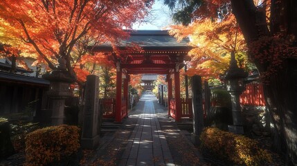 Vibrant Autumn Pathway in Japanese Garden with Red Gate and Lush Foliage : Generative AI