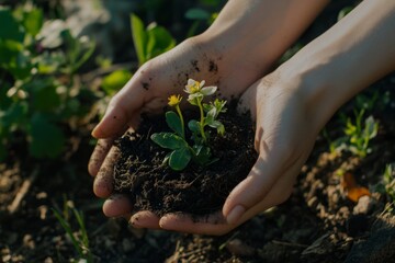 Fototapeta premium Hands gently holding seedling in soil for eco-friendly gardening