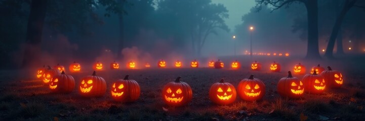 The foggy air is illuminated by a circle of jack o lanterns, nighttime, spooky, candles