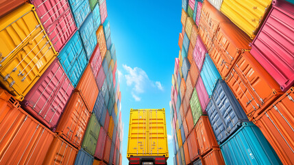 Colorful shipping containers stacked in a freight yard