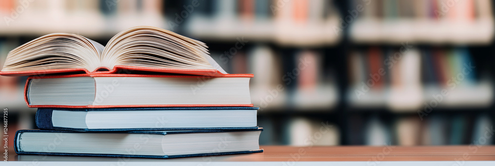 Poster books stacked on table in library, with open book on top, creating serene atmosphere for reading and