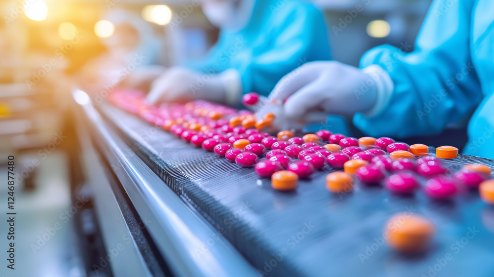 Poster pills and tablets moving along production line in factory, showcasing vibrant array of colors. worke