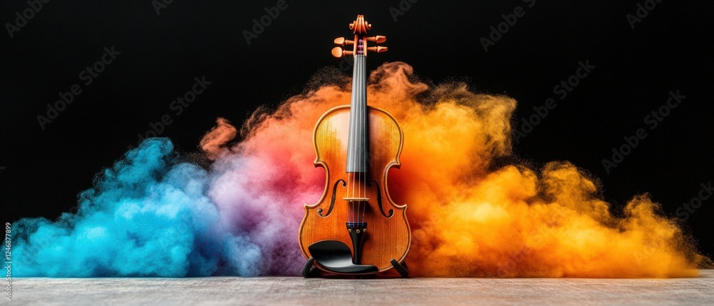 Poster violin with colorful smoke swirling around it creating a unique artistic effect