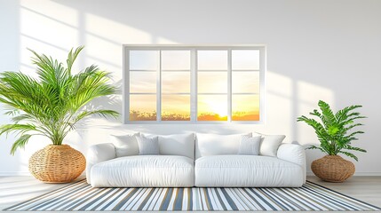 A bright, minimalist living room features a white couch with striped pillows, two potted plants, and a large window showcasing a sunset.