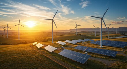 beautiful sunset scenery with solar panels and wind turbines 