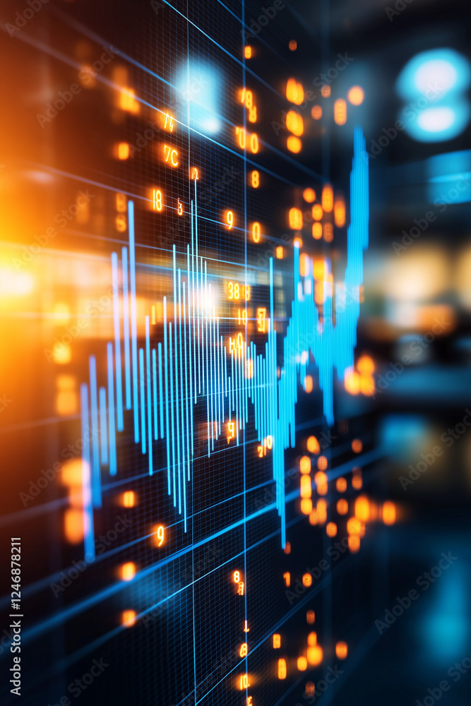Poster glowing blue stock market graph on dark background, showcasing fluctuating data points and trends. v