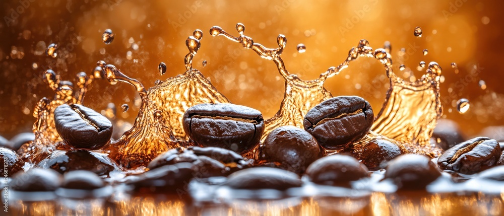 Poster coffee beans in motion with liquid splash against warm background creating a dynamic scene