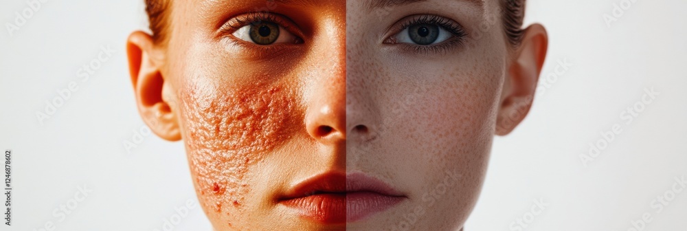 Fototapete comparison of skin conditions showing acne and redness on one side and smooth glowing skin on the ot