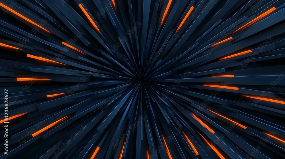 Poster the image contains an abstract design of dark blue, rectangular shapes radiating outward from a cent
