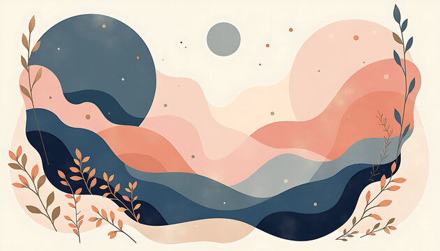 Abstract landscape with flowing shapes in pastel colors