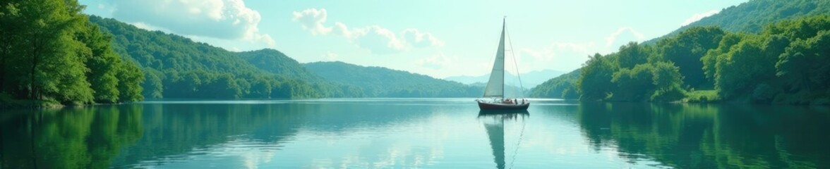 small sailboat on the lake in a calm atmosphere, lake, green