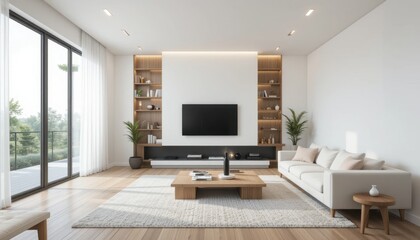 Modern minimalist living room with wooden accents and natural light
