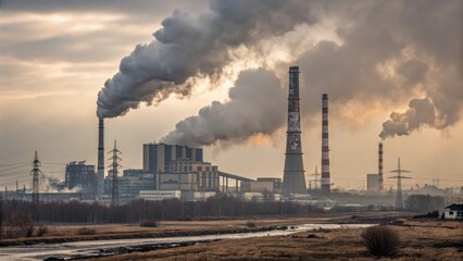 Obraz premium A large factory with towering smokestacks releasing thick, dark smoke into the sky, symbolizing industrial air pollution and its contribution to PM 2.5 levels