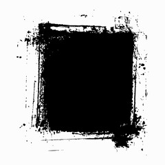 A grunge black square created with thick brush strokes, featuring rough edges and a textured, distressed look. This abstract design adds a raw, artistic touch, ideal for backgrounds, overlays.