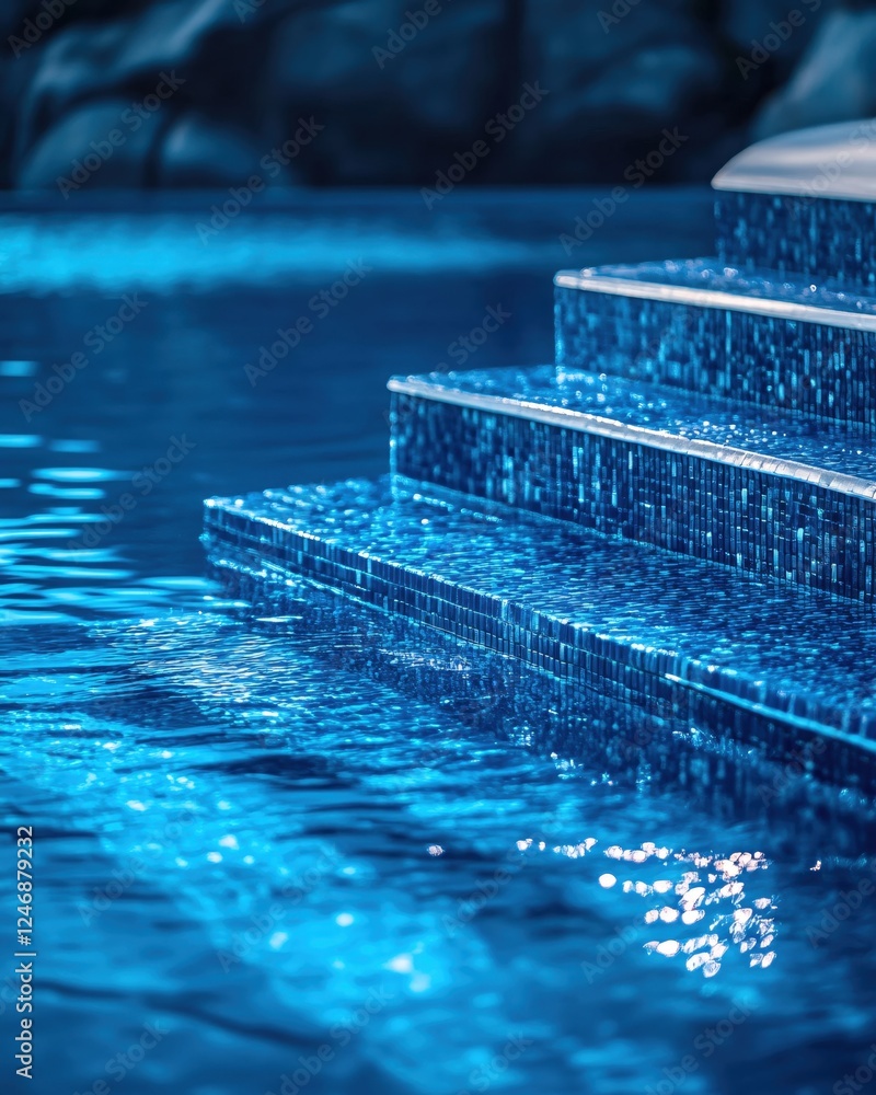Poster Blue tiled steps descend into a clear swimming pool creating a tranquil and inviting scene