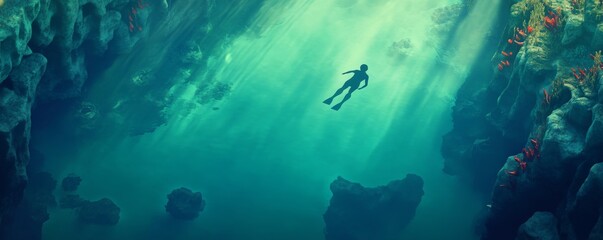 Fototapeta premium Diver exploring vibrant underwater landscape.