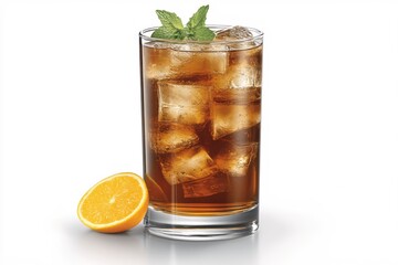 Refreshing iced tea beverage with mint garnish and orange slice on clean white background