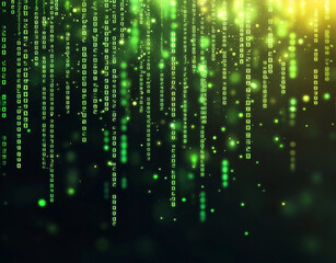 Obraz premium Digital green binary code cascading down in dark background, creating futuristic and tech inspired atmosphere. glowing effect adds depth and intrigue to scene