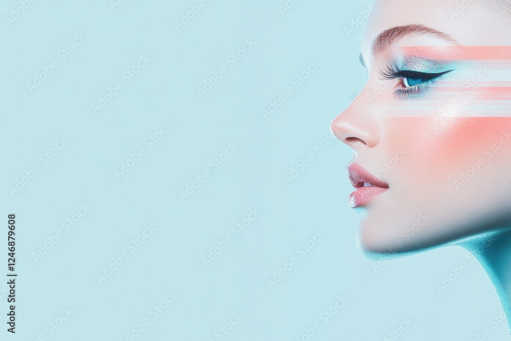 Poster artistic representation of surreal eyeliner patterns with shimmering finishes and bold colors