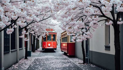 Obraz premium Scenic city street with blooming cherry trees and red vintage trams passing by, creating a peaceful spring atmosphere.