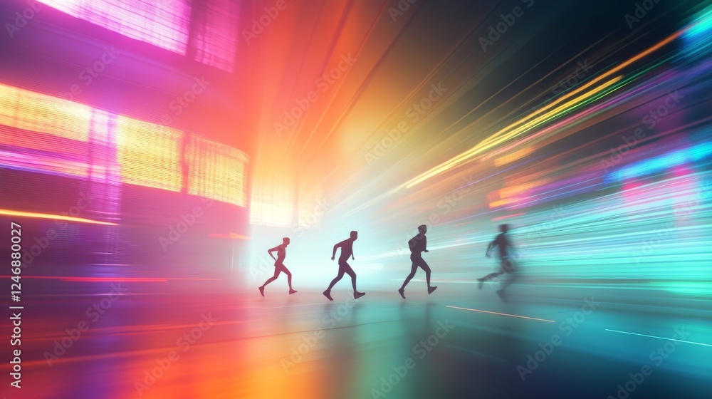Poster dynamic movement through colorful urban lights.