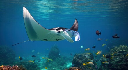 Majestic manta ray gliding gracefully through vibrant coral reef waters