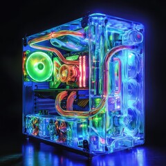 Battle-Ready Gaming Rig Featuring Glowing Liquid Cooling Modern Home Office Tech Setup Vibrant Atmosphere Close-Up