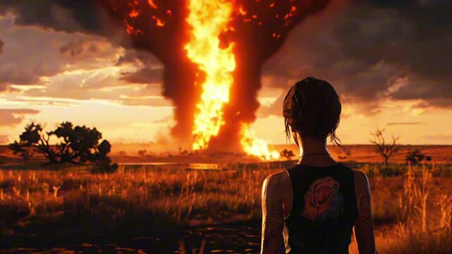 Woman gazes at massive tornadoes and fiery explosions in a devastated landscape, motion background
