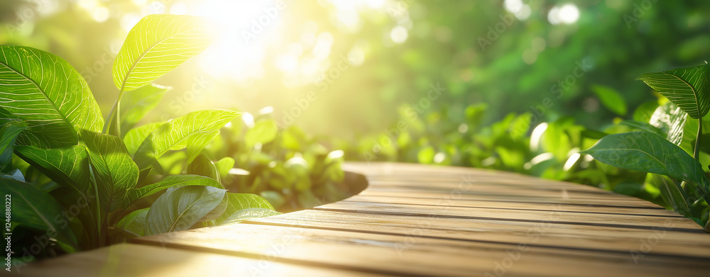 Poster wooden path winds through lush greenery, illuminated by soft sunlight, creating serene and inviting 