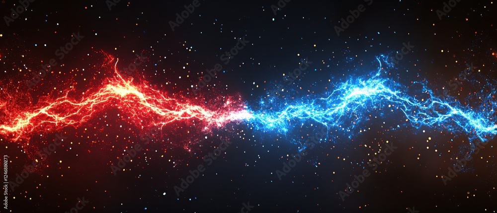 Poster dynamic energy clash of red and blue light streams in a vast starry space background