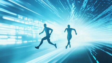 Dynamic runners in futuristic blue light.