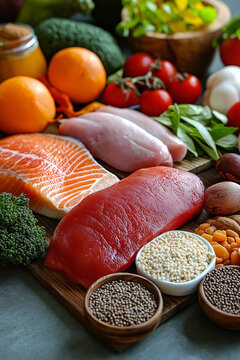 Uric acid purine metabolism. Gout medical. Image of a food pyramid emphasizing high-purine foods.