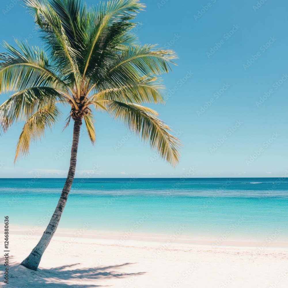 Aufkleber Tropical beach with coconut palm tree and clear turquoise water inviting relaxation and tranquility in a minimalist setting. Generative AI