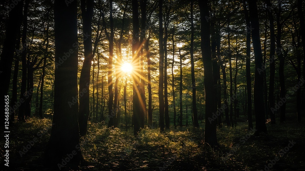 Aufkleber sunlight filtering through dense forest creates serene natural atmosphere : generative ai