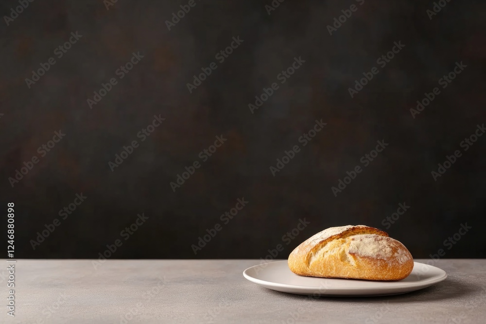 Poster empty plate with single piece of bread placed on simple table in dim lighting conveying scarcity and