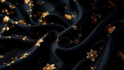Obraz premium Black luxury cloth, silk satin velvet, with floral shapes, gold threads, luxurious wallpaper, elegant abstract design