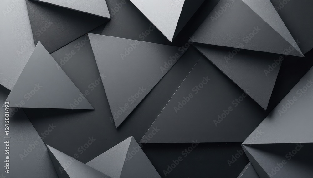 Poster geometric abstract art with overlapping gray triangles on dark background