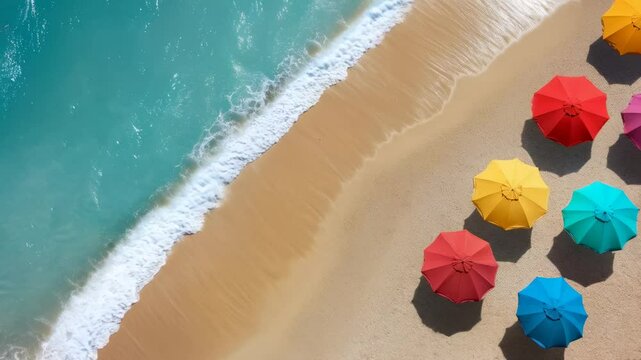 Gentle turquoise ocean waves rolling onto sandy shoreline, colorful umbrellas creating relaxing summer holiday ambiance with serene slow motion tranquility