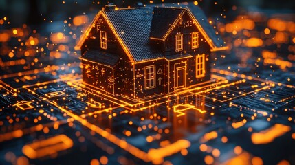 Digital representation of a glowing house surrounded by intricate circuit patterns symbolizing interconnected technology and smart home solutions for a modern lifestyle