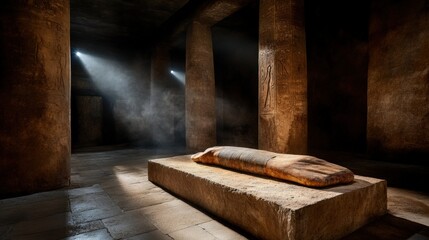 This image showcases a mummified body resting in an atmospheric Egyptian tomb, highlighted by beams of light that ray down onto the sarcophagus, evoking a sense of ancient wonder.