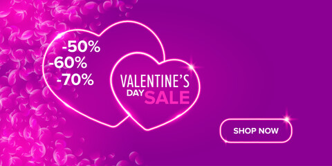Valentines day sale horizontal banner with pink neon heart and glowing pink petals isolated on background. Valentines day sale poster with shiny pink layout and beautiful heart
