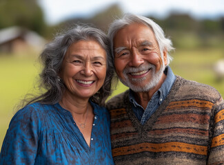 A joyful senior couple sits together on the grass in a beautiful outdoor park, smiling and embracing each other. The warm natural lighting enhances the serene and loving atmosphere, 
