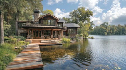 Fototapeta premium Lakeside log cabin with stonework, deck, and dock.