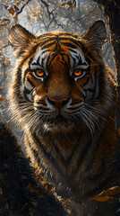 Majestic Tiger Portrait: Fierce Wildlife Predator with Striking Black Stripes and Deep Gaze in Lush Forest Habitat - Captivating Elegance and Strength in Nature's Dynamic Environment