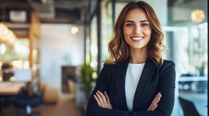 Obraz premium Smiling businesswoman in a modern office environment, showcasing confidence, professionalism, and approachable elegance.