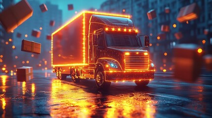 Fototapeta premium Glowing Delivery Truck in Urban Environment with Flying Packages, Highlighting Modern Logistics and Transportation in a Futuristic Night Scene